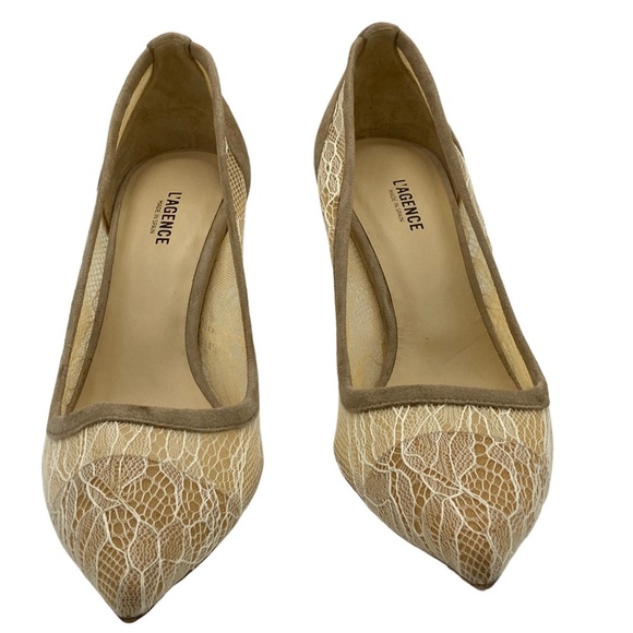 NWOB L'Agence Simone Tan Suede and Beige Lace Pumps - Sz 37.5 ( US 6.5) - Picture 6 of 12